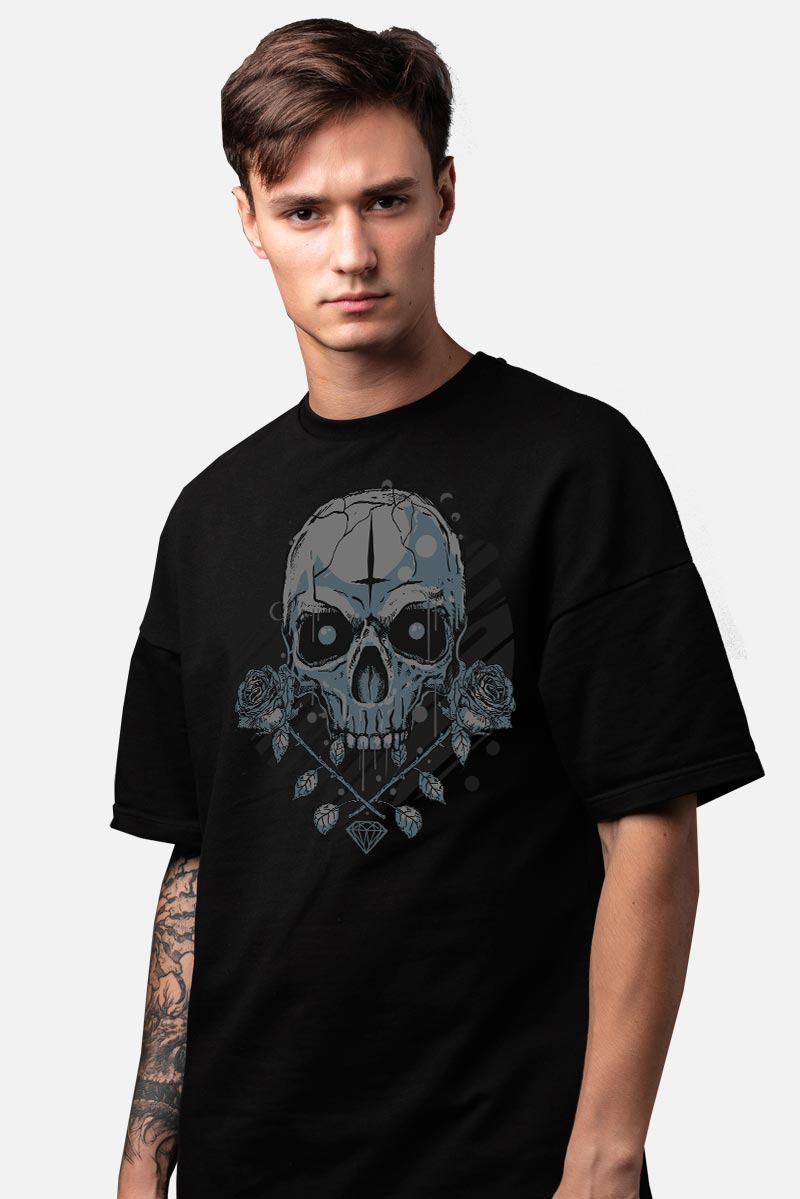 Camiseta gótica para hombre Calavera con dos rosas